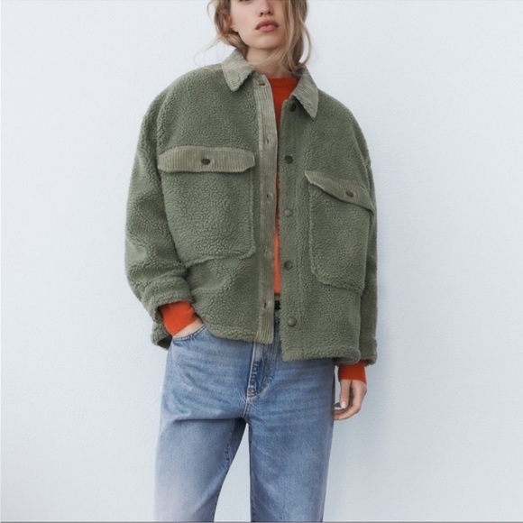 Zara Green Sherpa with corduroy details Jacket with Pockets -XS OVERSIZED BOXY - Picture 5 of 7